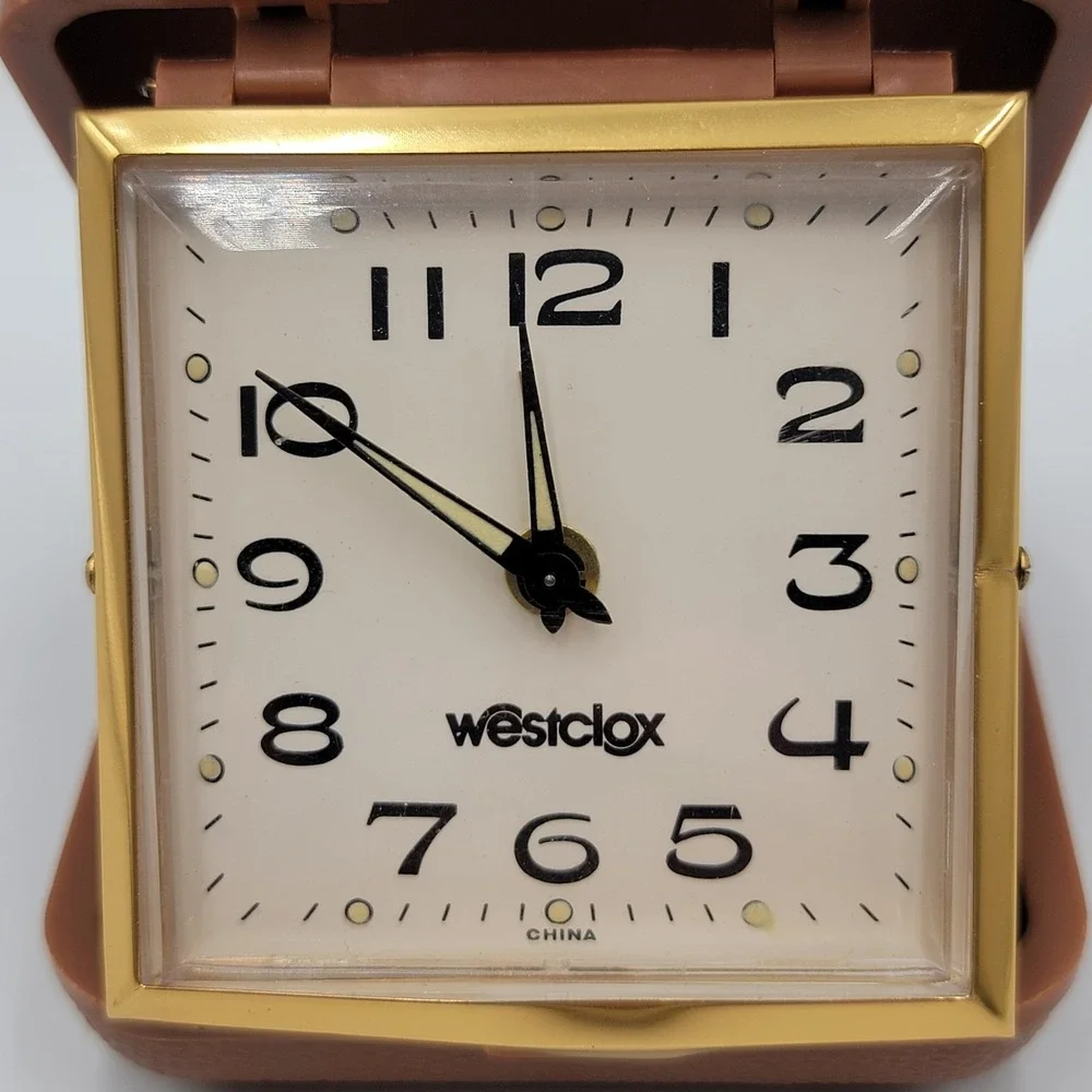 VINTAGE‎ WESTCLOX Travel Alarm Clock Wind-Up Brown Folding Case - Untested